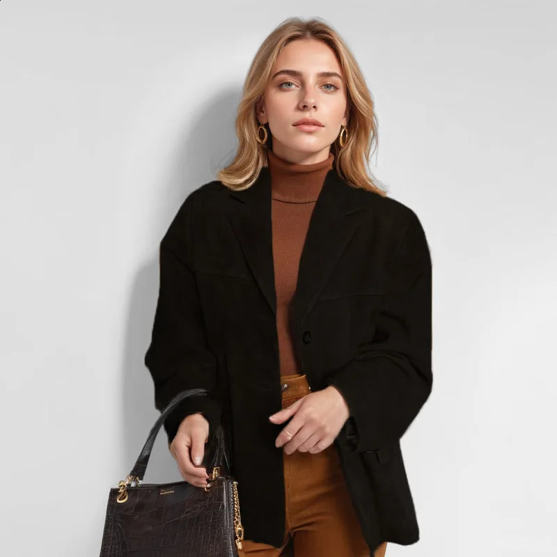 Retro brown jacket womens suede leather autumn fashion single chest lapel loose Coats Street Office 250319