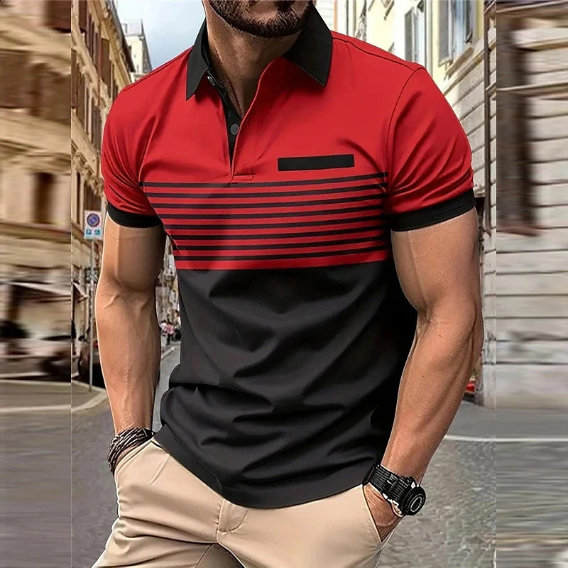 Business Mens Polo T Shirt Summer Short Sleeve Clothing Fashion Stripe Print Street Casual Buttons Tops Oversized Pullover 250319