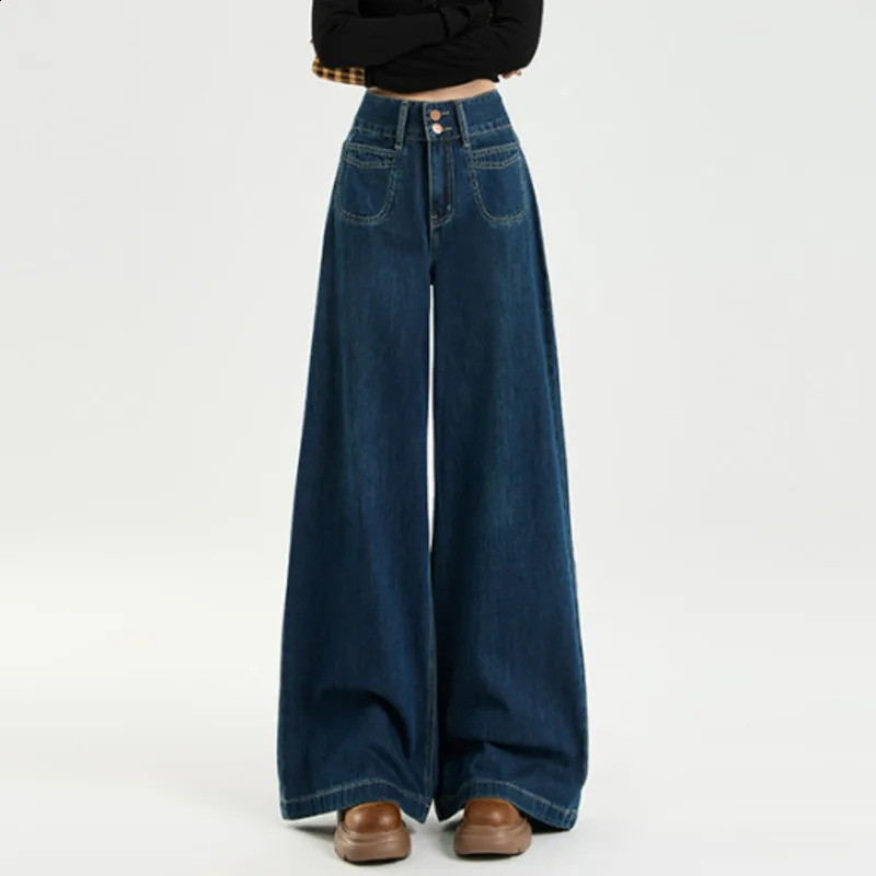 Wxw2050 autumn and winter wool jeans warm thick long high waist wide legs loose straight womens blue streetwear 250317