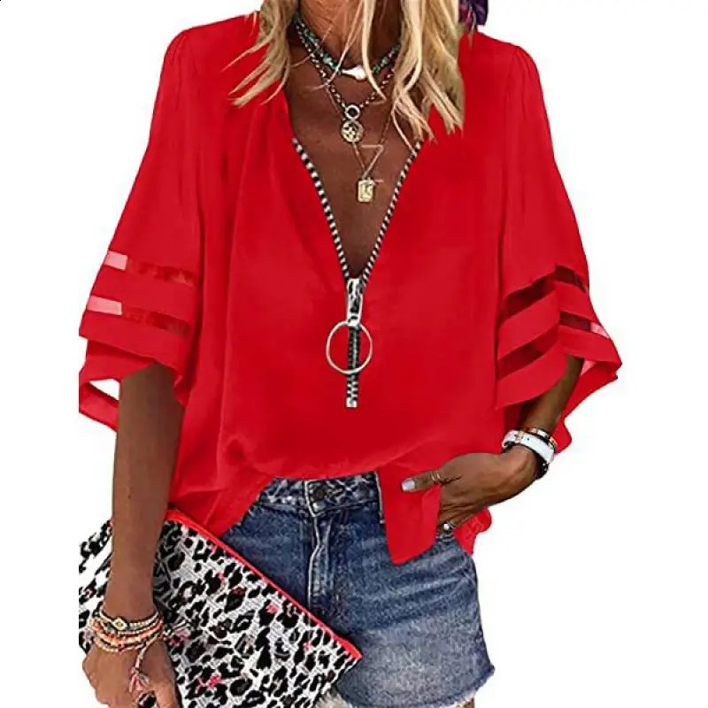 Womens casual loose Vneck half flat sleeve shirt for spring and summer 2025 womens spliced zipper solid 250319