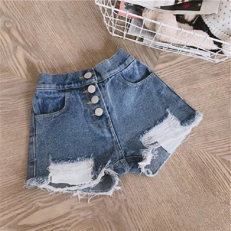 Fashion Baby Girl Casual Jean Shorts Ripped Holes Toddler Teen Child Cotton Scanties Trousers Button Summer Baby Clothes 1-14Y 250319