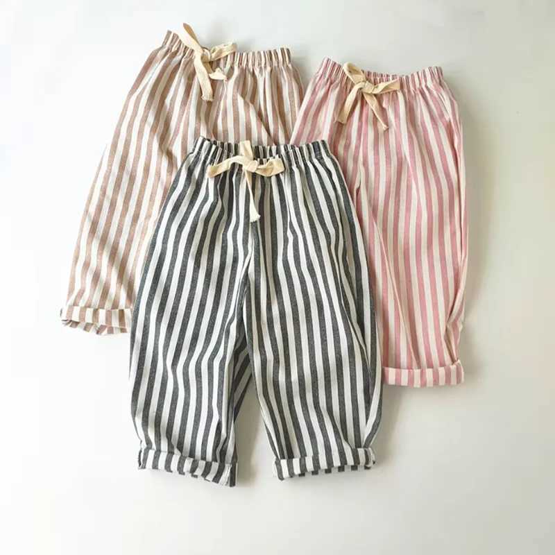 Retro Hemp Cotton Striped Boys Pants with A Casual and High-end Design Elastic Waist Girls Clothing Childrens PantsT250318