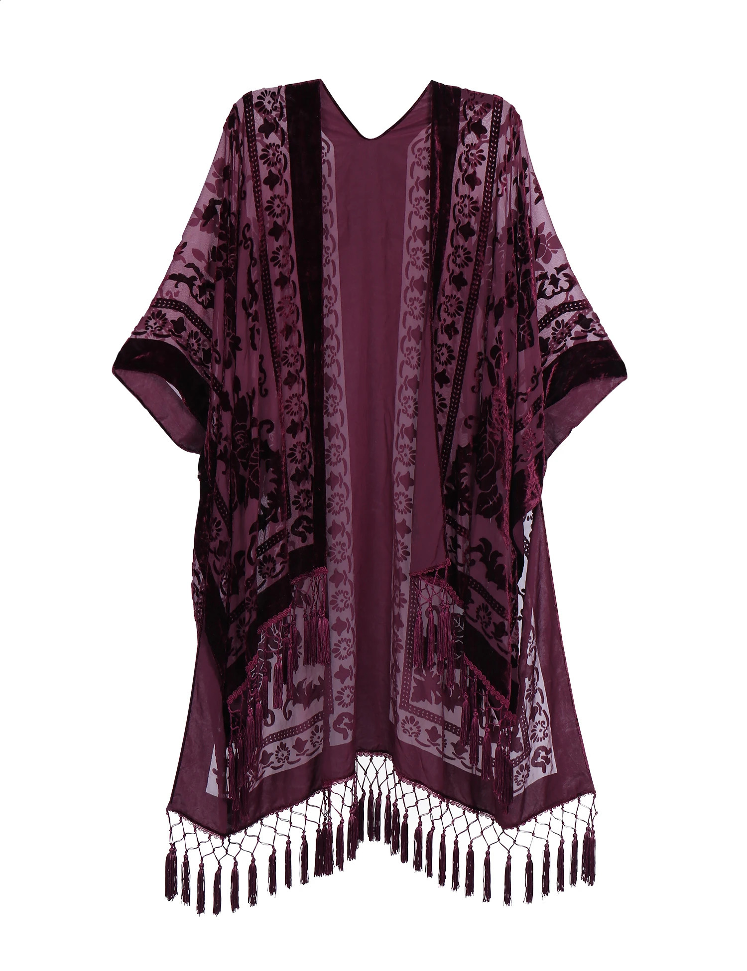 WeHello Bohemian burnt plush kimono Womens long Purple Tassel Beach Cover-up Holiday Casual Cardigan Shawl JYPF-20 250319