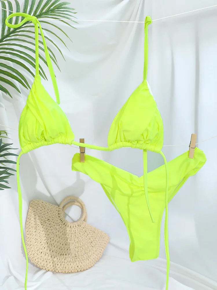2025 High Waist Sexy Folding Bikini Set Solid Micro Womens Swimsuit Triangle Beach 250311