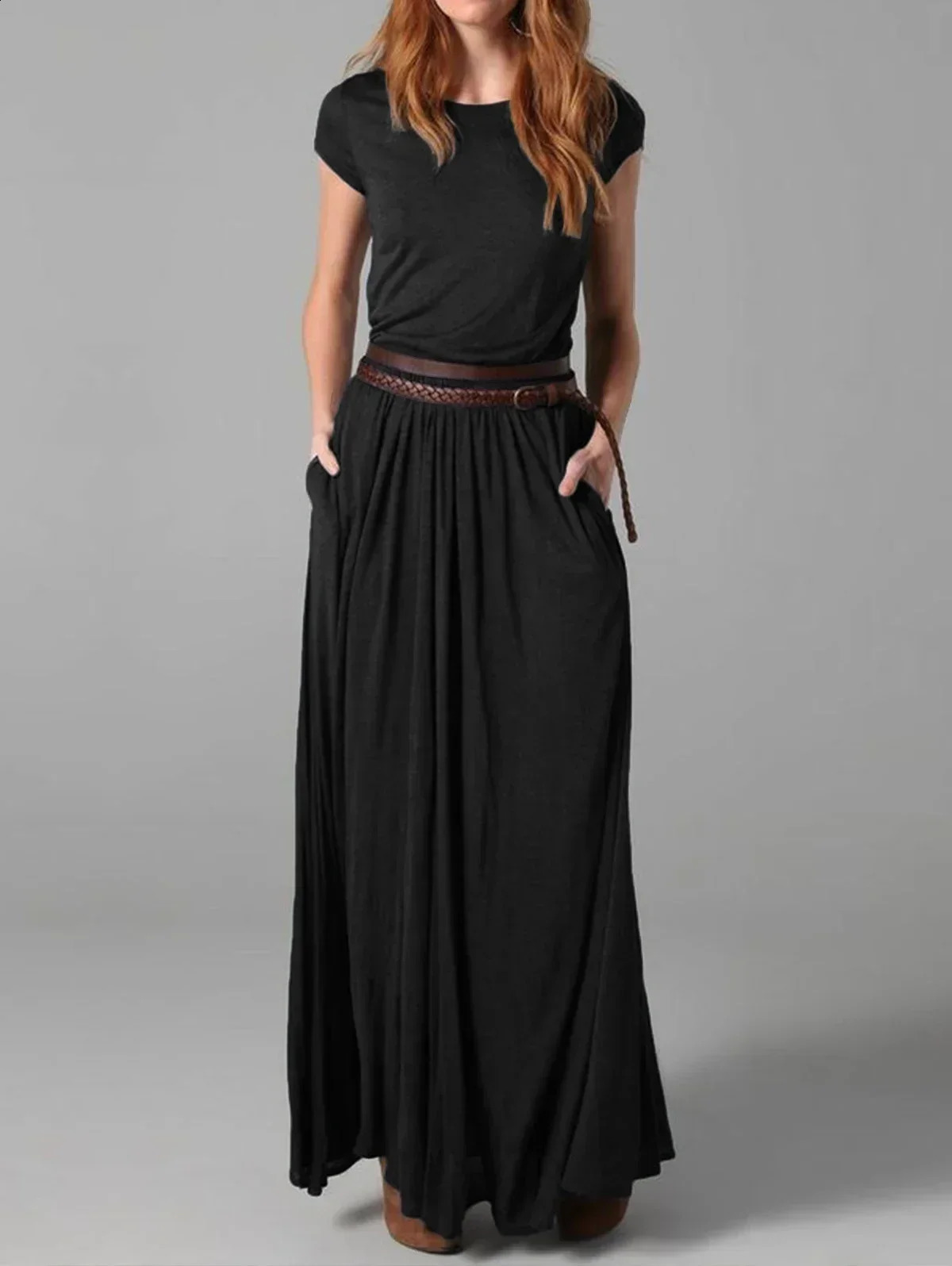 Plus size retro round neck dress short sleeved minimalist casual summer womens bag pleated long skirt 2024 250319