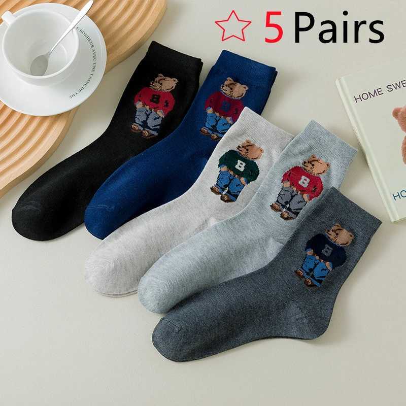 5 pairs of cute Kawaii Harajuku breathable autumn and winter fashionable bear socks for mens business Christmas gifts X250319