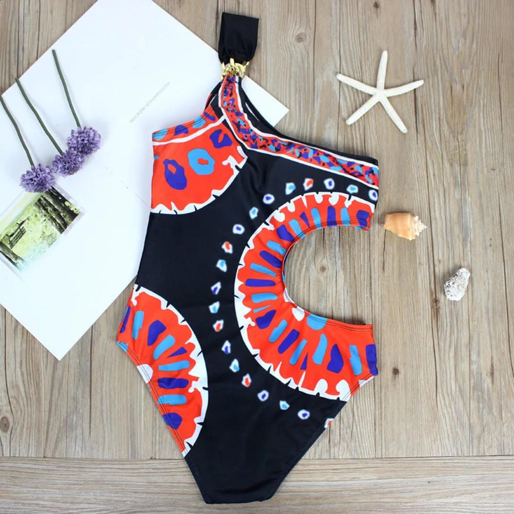 Patchwork Women Swimwear One Shoulder Swimsuit Brazilian Monokini Cut Out Beach Swimsuit Pattern Bathing Suit 250317