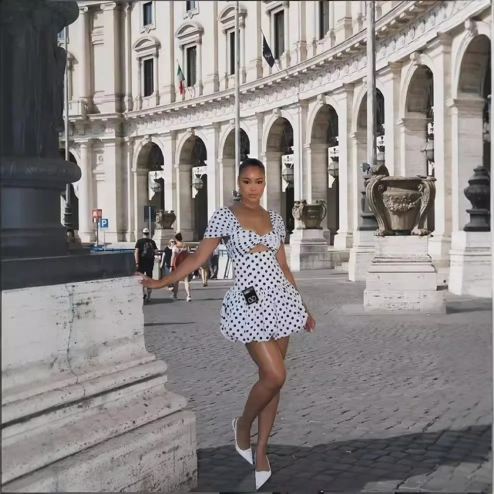 Sexy short sleeved Uneck polka dot printed hollow dress for womens crossborder fashion autumn 250319
