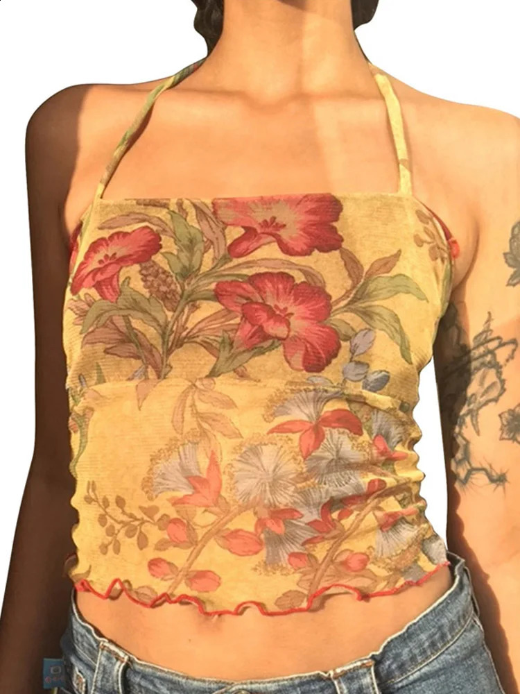 Y2K Mesh Sheer Floral T-shirt Vintage halter Tops Women Sleeveless Slim Fit Crop Top Harajuku Streetwear 250319