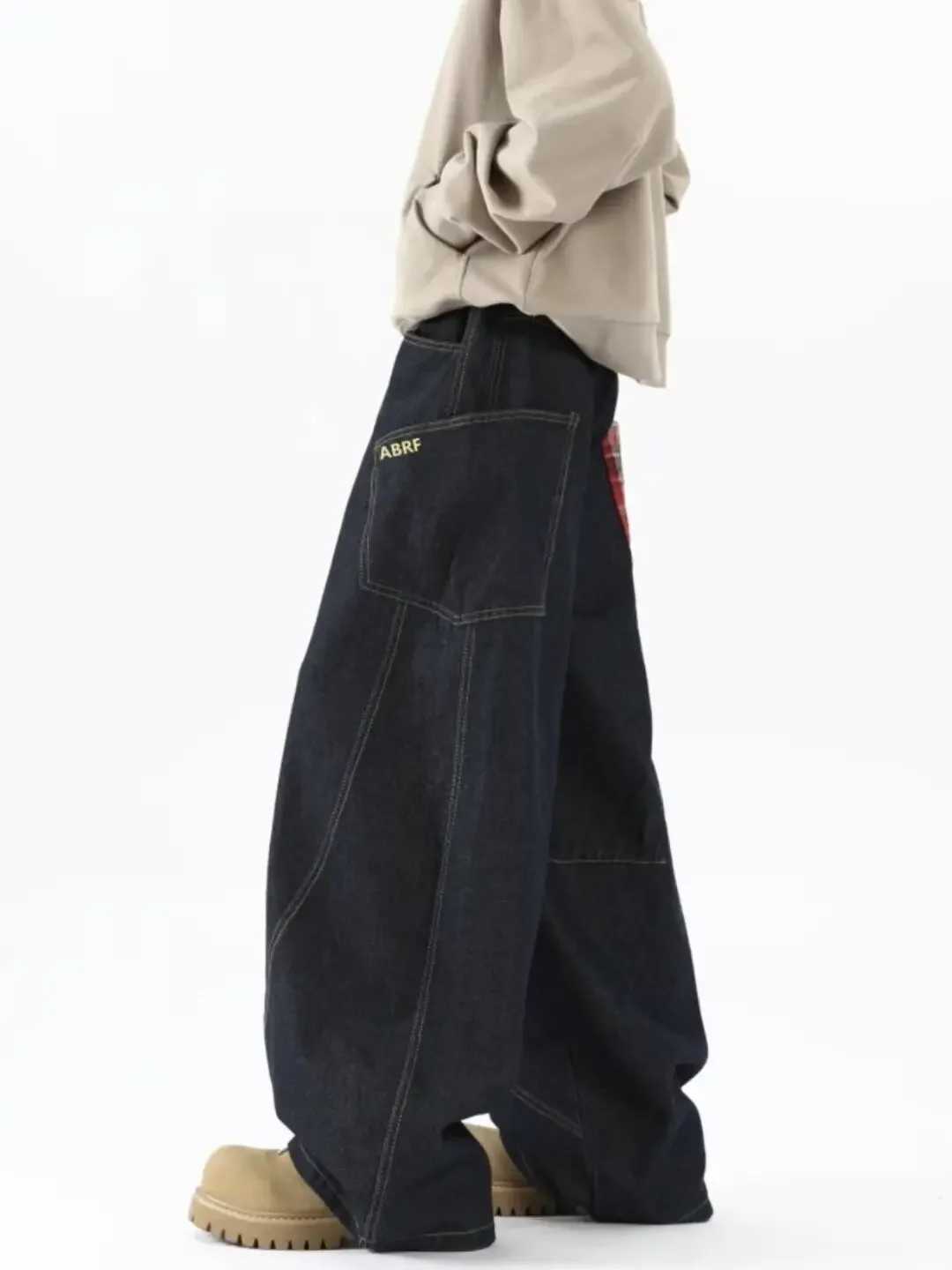 New American Style Splicing Plaid Washed Cargo Pants Women Retro Wide Leg High Waisted Baggy Jeans Women Hip Hop Denim PantsT250319