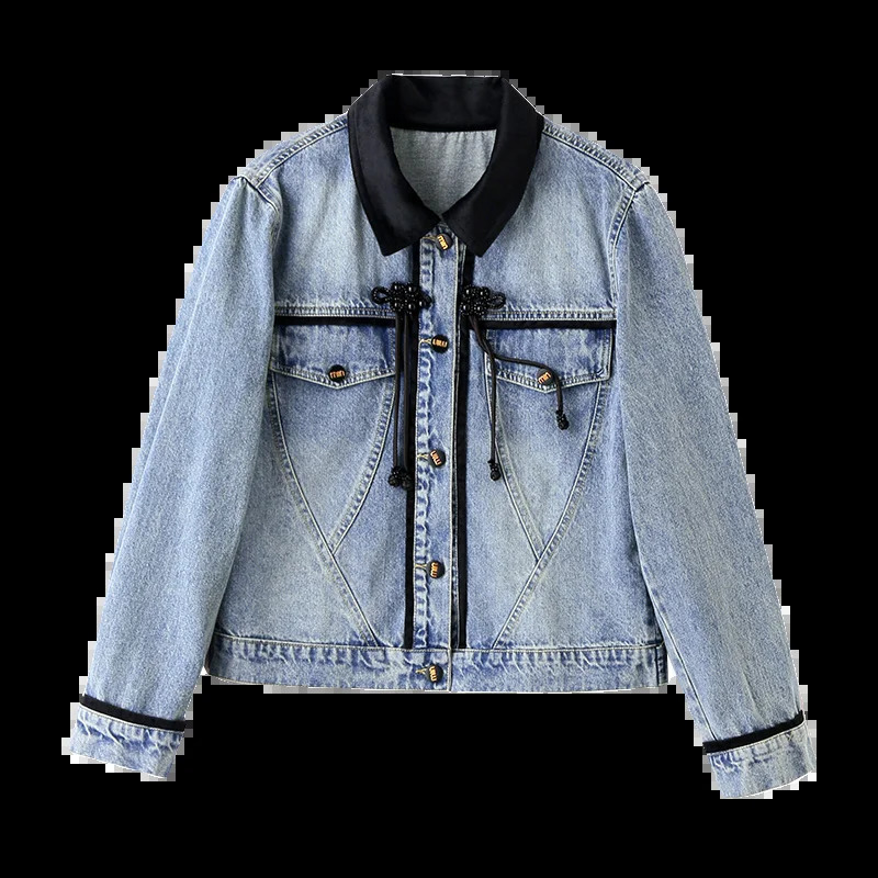 2024 Spring Denim Coat and Jacket Womens Splicing Work Color Chinese Style Tie Long Sleeve Blue Jeans 250319