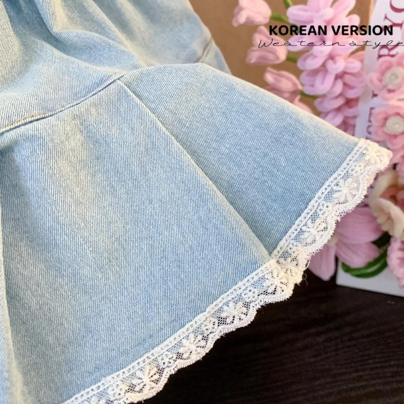 Girls Summer Denim Skirt Female Baby Korean Version of The Foreign-style Cute Bow Lace Pleated Skirt 250319