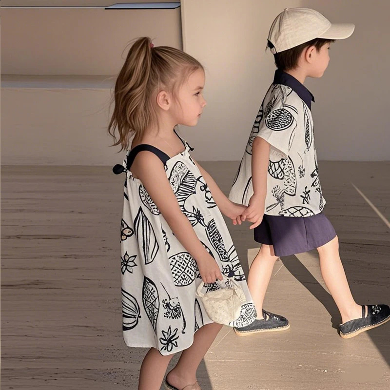 Summer 1-10 Years Old Brother Sister Clothes Girls White Dark Blue Suspender Dress Boys Cotton T Shirt Shorts 2PCS Suit 250319