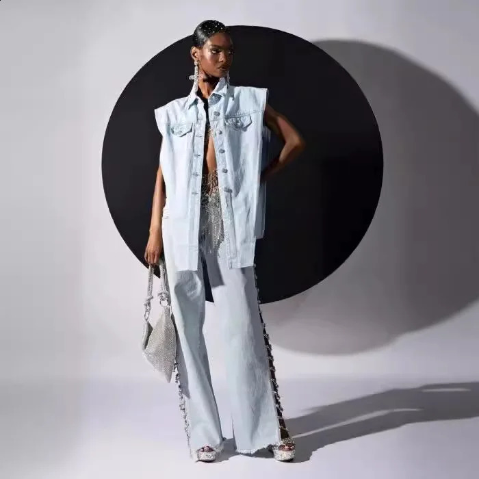 High waisted ripped womens summer thin side seam jeans denim long with diamond chain straight wide leg 250317