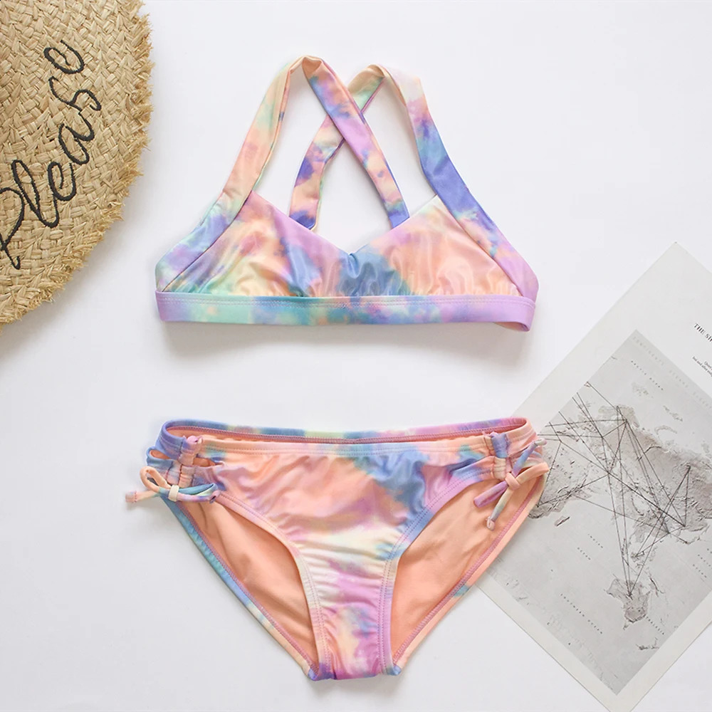 Teenage girl bandage bikini set tie dye print summer childrens swimsuit student twopiece 250319