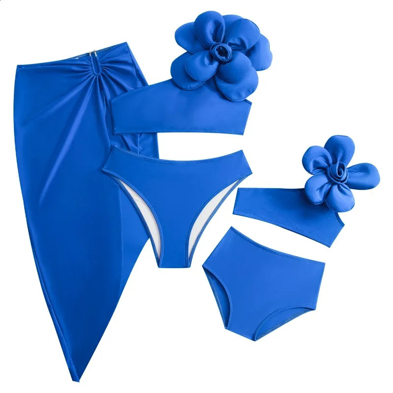 Summer Family Matching Swimsuit Outfits Swimsuits Big Flowers 3pcs Bikini Family Look Mom Girls Woman Swimwear Set 250319