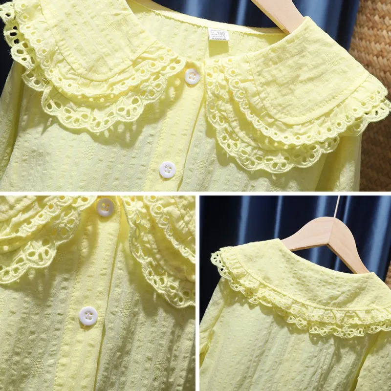 Spring and autumn girls childrens lapel shirt with sparkling sleeves long sleeved lace top clothing 18Y 250319