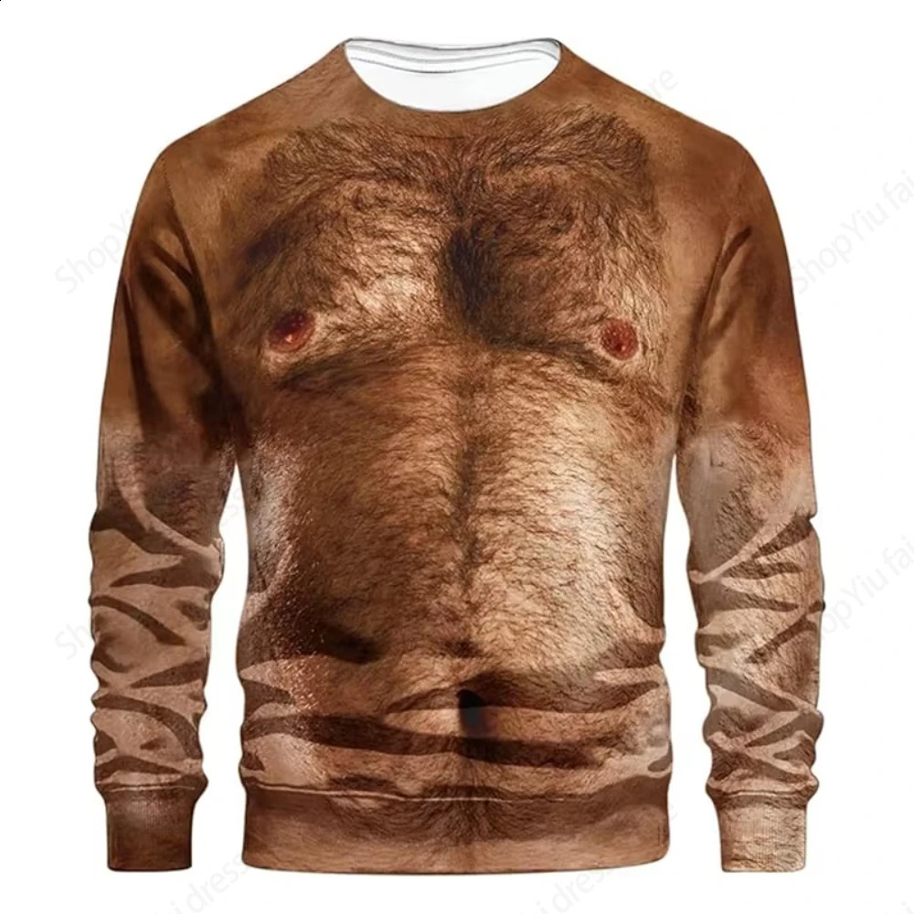 Crewneck long sleeved Tshirt 3D fun muscle body print ultrathin mens top ugly chest hair 250319