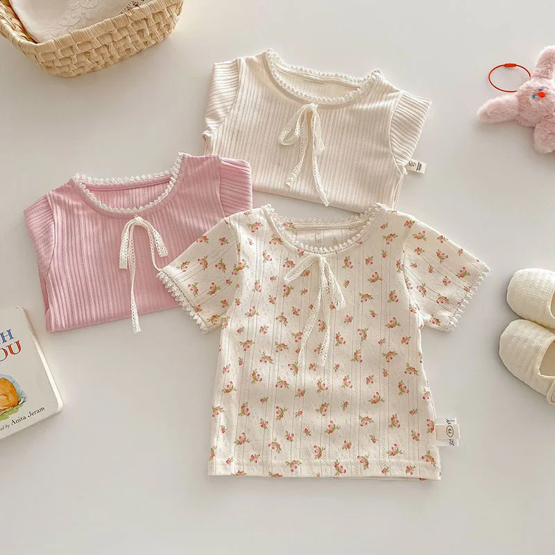 Summer Kids T-shirt 1-5T Boys Cute Hollow Out Floral Tops Children Thin Style Pit Strip Lace Girls Tee 250319