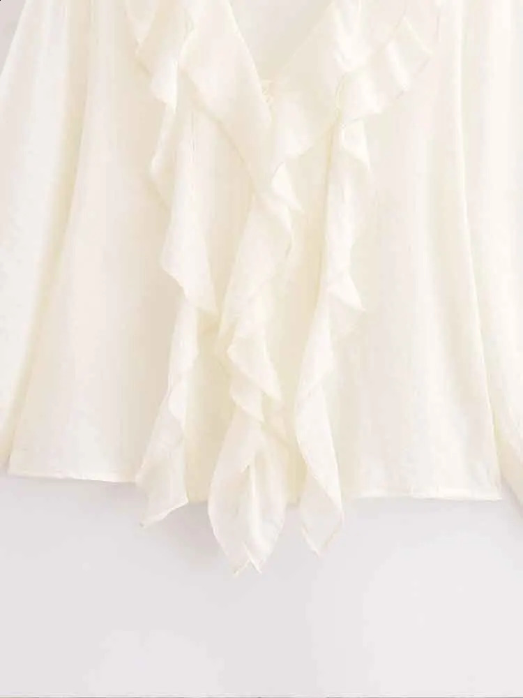 European style womens fashion versatile simple sweet loose Vneck layered decorative ruffle white shirt 250319