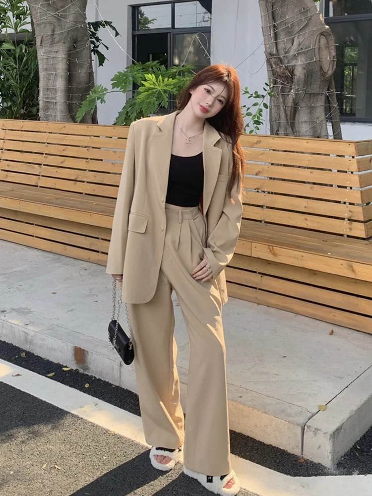 professional twopiece womens fashion Korean loose long sleeved jackethigh waist wide leg pants set for office ladies 250319
