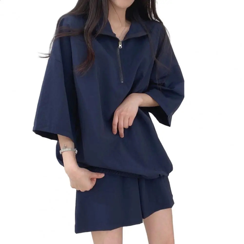 Women Top Shorts Suit Womens Zipper Neck Tracksuit Set with Oversized Top Shorts Solid Color Loose Fit Turn-down for Female 250318