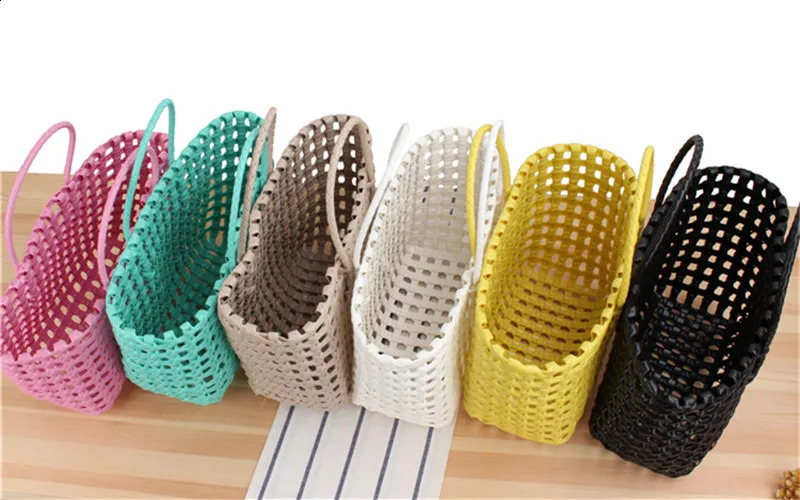 Womens PVC Candy Color Woven Handbag Causal Tote Bags Fashion Large Capacity Vegetable Basket Bag Plastic Hnadle Beach Bag 250314