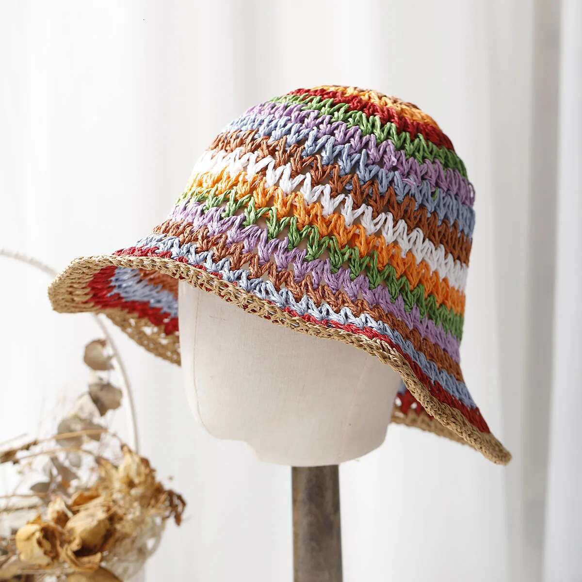 2025 NEW Rainbow Woven Women's Sunscreen Summer Japanese Straw Protective Fashion, Breathable Hollow Beach Sun Hat