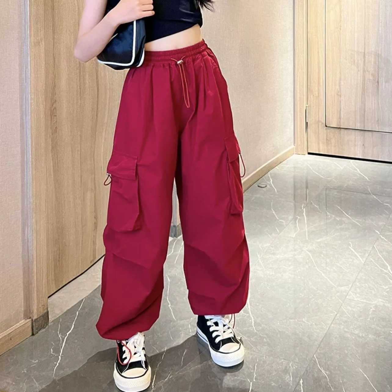 Girls work pants childrens summer casual pants medium to large-sized childrens loose casual pantsT250318