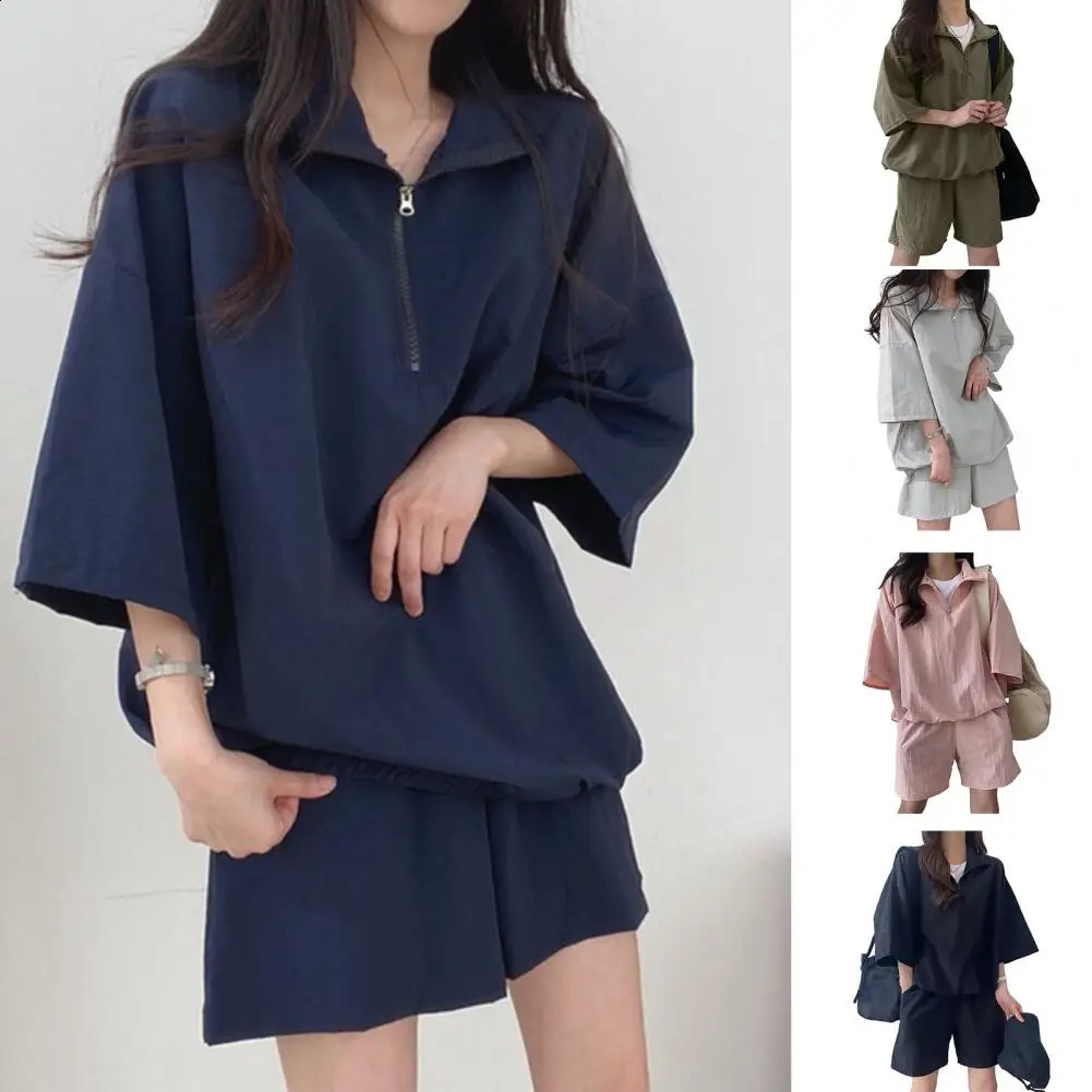 Women Top Shorts Suit Womens Zipper Neck Tracksuit Set with Oversized Top Shorts Solid Color Loose Fit Turn-down for Female 250318