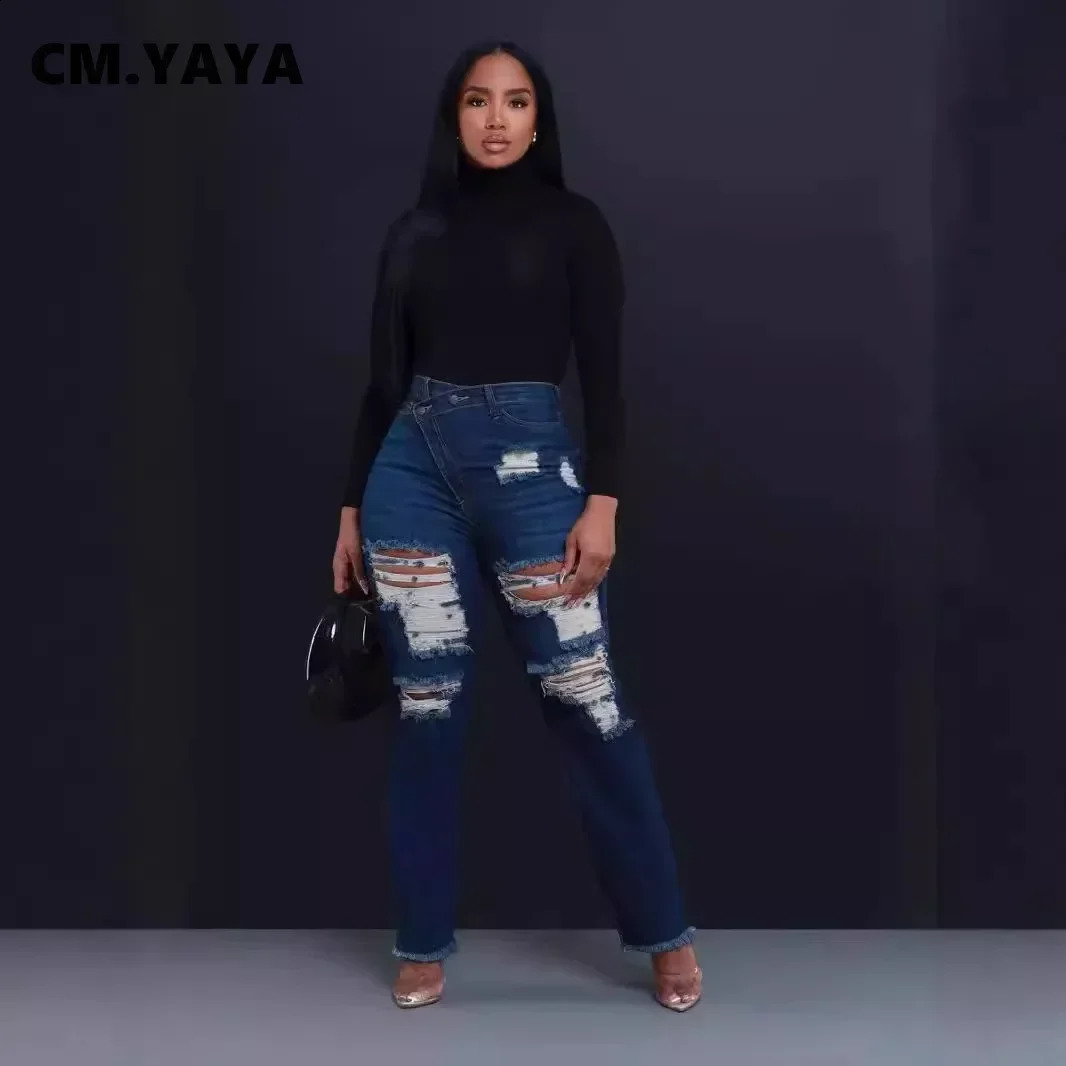 CM. YAYA jeans womens retro sexy hole hollow jeans cracked pencil pants street tight high waisted womens pants 250314