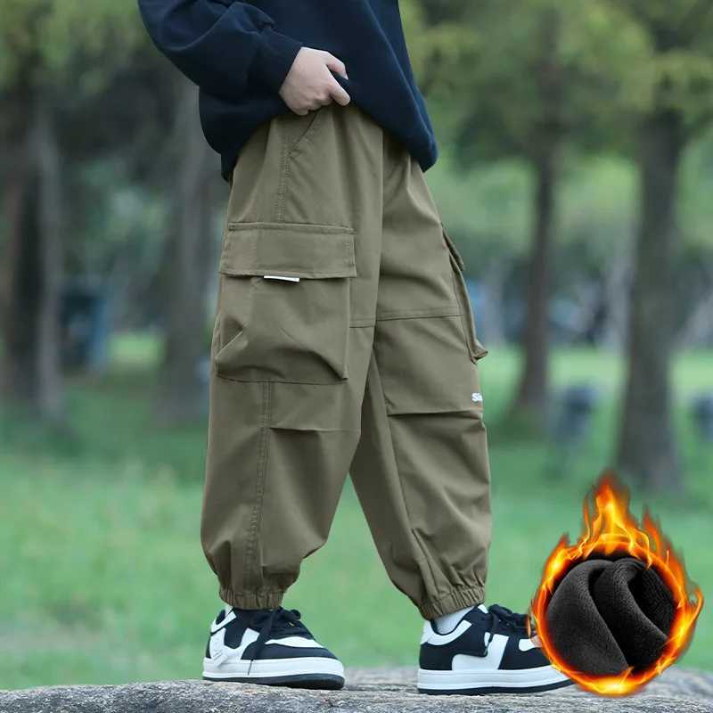 Boys Pants 2024 Autumn Winter Windproof Cargo Pants for Kids Plus Velvet Children Trousers Teenager Joggers Clothing 4-14TT250318