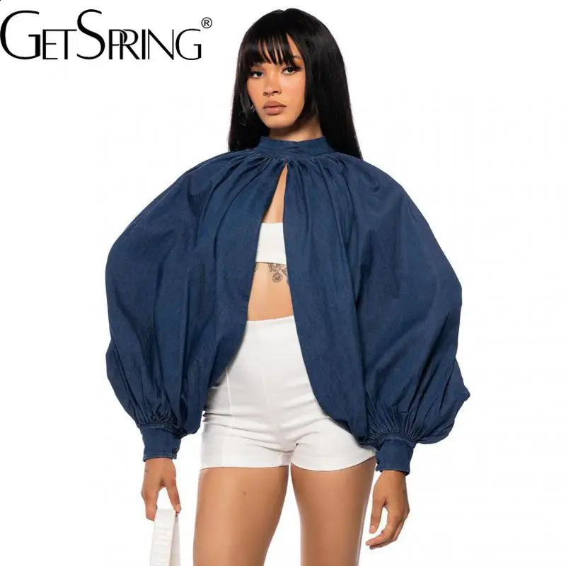 Get Spring womens denim jacket 2024 spring stand up batwing sleeves backless loose casual short top 250319