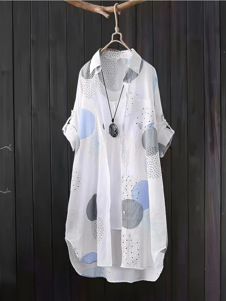 Large loose printed shirt womens cotton medium to long autumn sleeved casual winter Korean style 250319