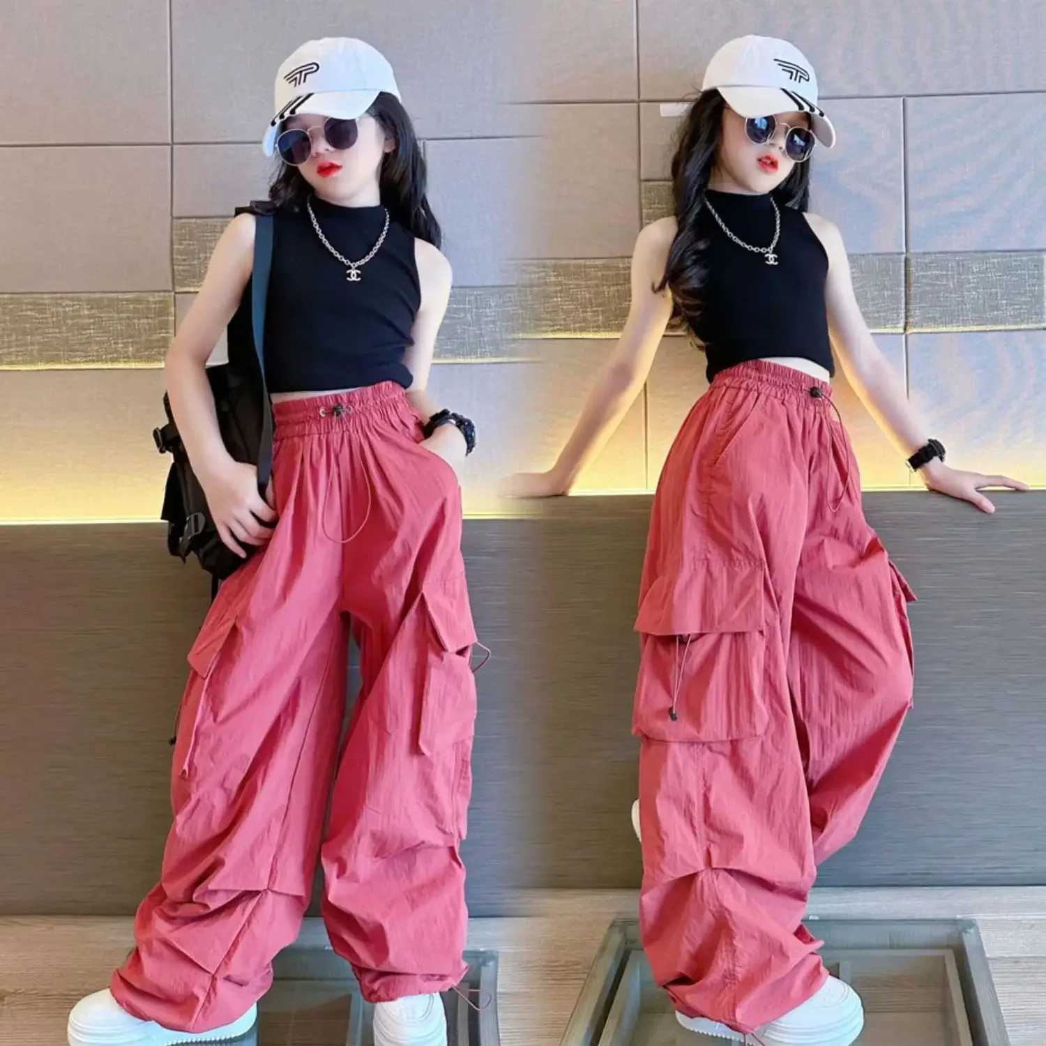 5-14Y childrens hip-hop jogging pants girls cargo pants teenagers straight three person high waist retro casual street bag pantsT250318
