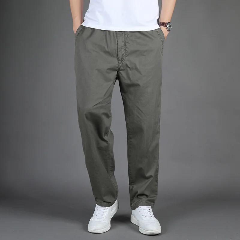 spring and summer mens casual pants loose large size straight elastic waist cotton solid color simple work 250311