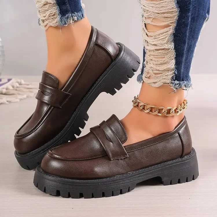 Brown Punk Platform Womens Loafers Round Toe Thick High Heels Retro Shoes Womens Slippery High Heels Womens PumpXJ250319