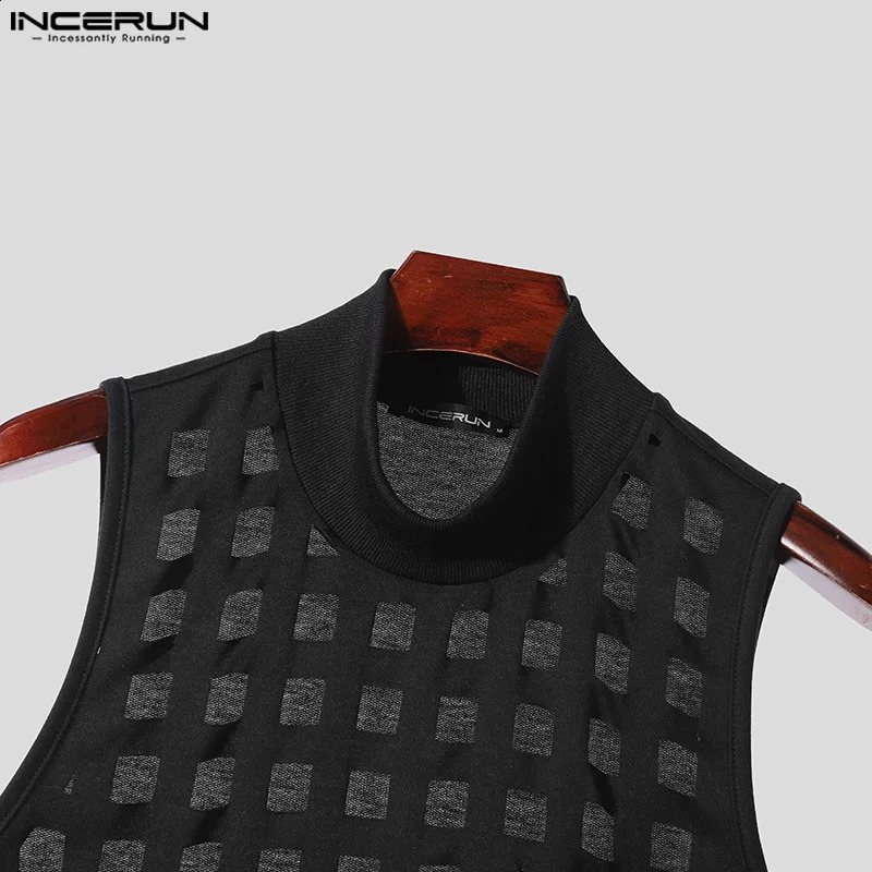 INCERUN Men Tank Tops Hollow Out Solid Color Turtleneck Sleeveless Casual Male Vests Sexy 2024 Streetwear Fashion Clothing 250319