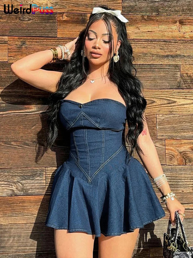 Weird Puss Denim Strapless Sexy Dress Women Summer Trend Skinny Hipster Fashion Concert Birthday Party Clubwear Y2K Bodycon 250319
