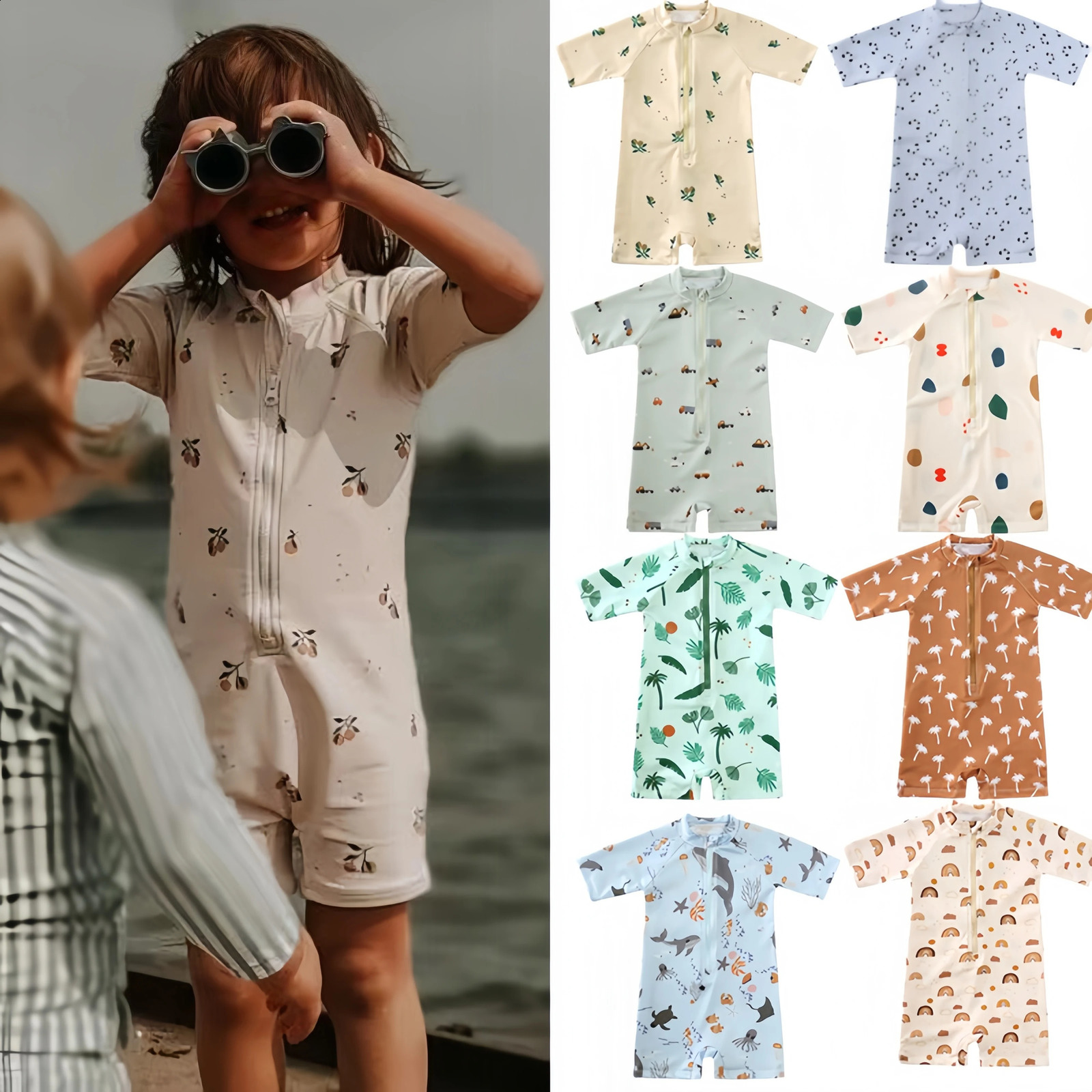2025 Summer Kids Boys Girls Swimsuits Clothes Vacation Beach Onesie with Hat Toddler Sun-proof Swimwear Sets Surfing Swim Suit 250319