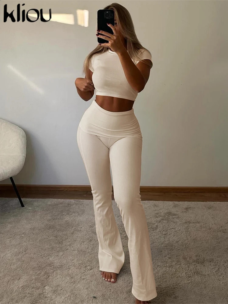 kliou Casual Solid 2 Piece Set Women Classic Short Sleeve O-neck Slim Crop Tees High Waist Trousers Female Summer Outfits 250319