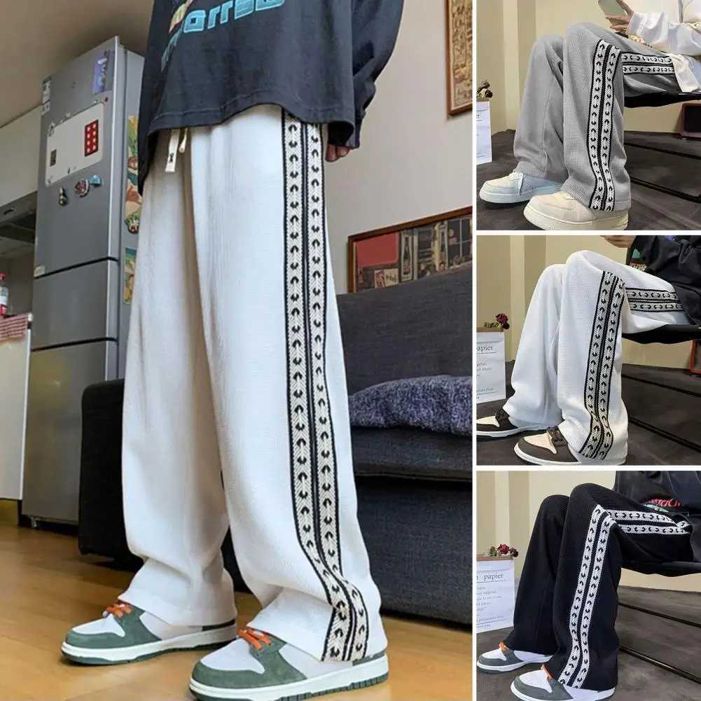 High Street Casual Trousers Drawstring Elastic Waist Waffle Grid Trendy All-Match Spring Sweatpants Straight Tube Male Trousers X250319
