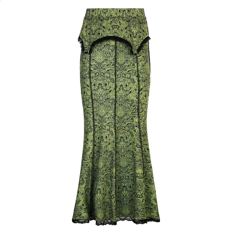 Darlingaga Vintage Fashion Elegant Green Trumpet Long Skirt Graphic Printed Lace Trim Y2K High Waist Skirt Women 2000s Aesthetic 250313