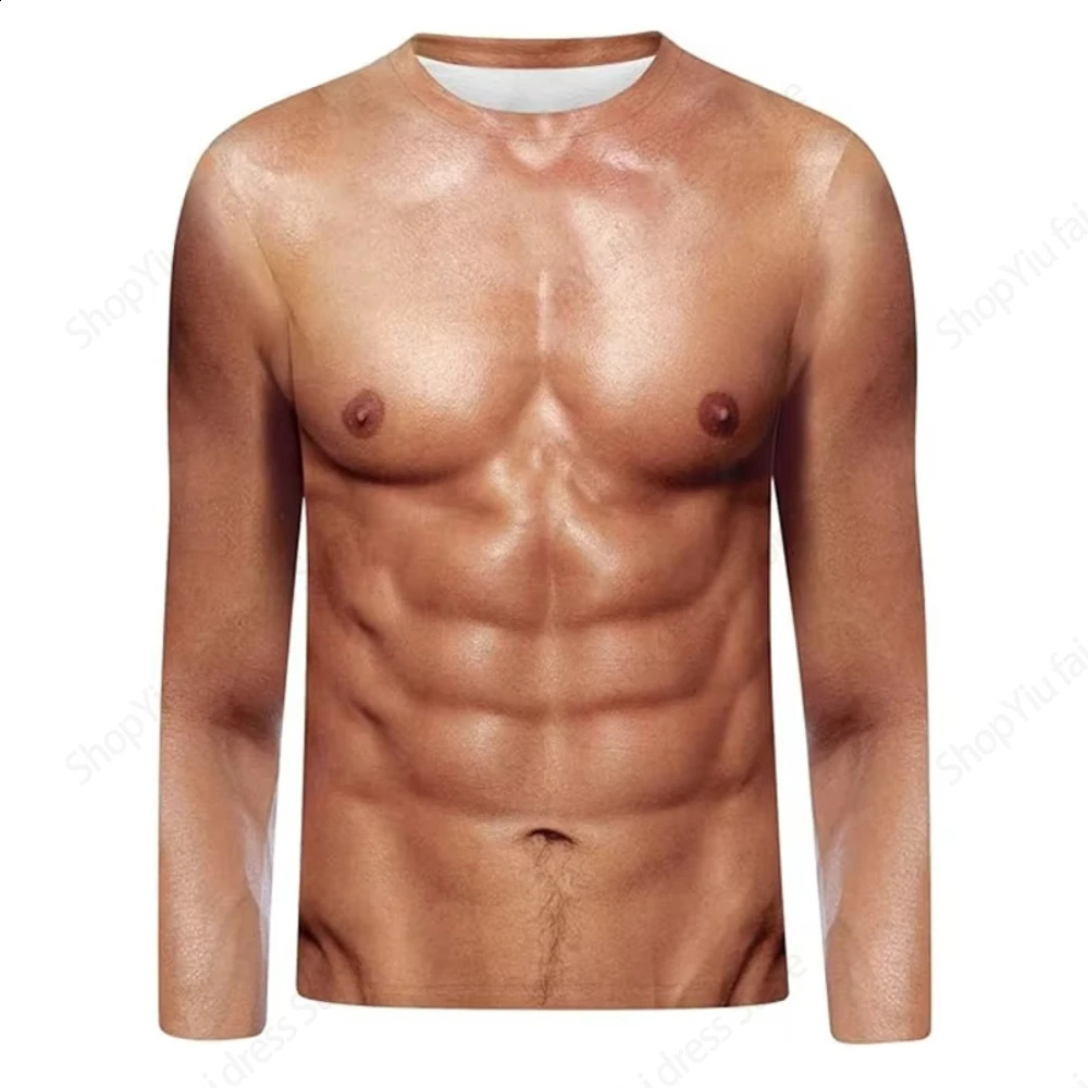 Crewneck long sleeved Tshirt 3D fun muscle body print ultrathin mens top ugly chest hair 250319