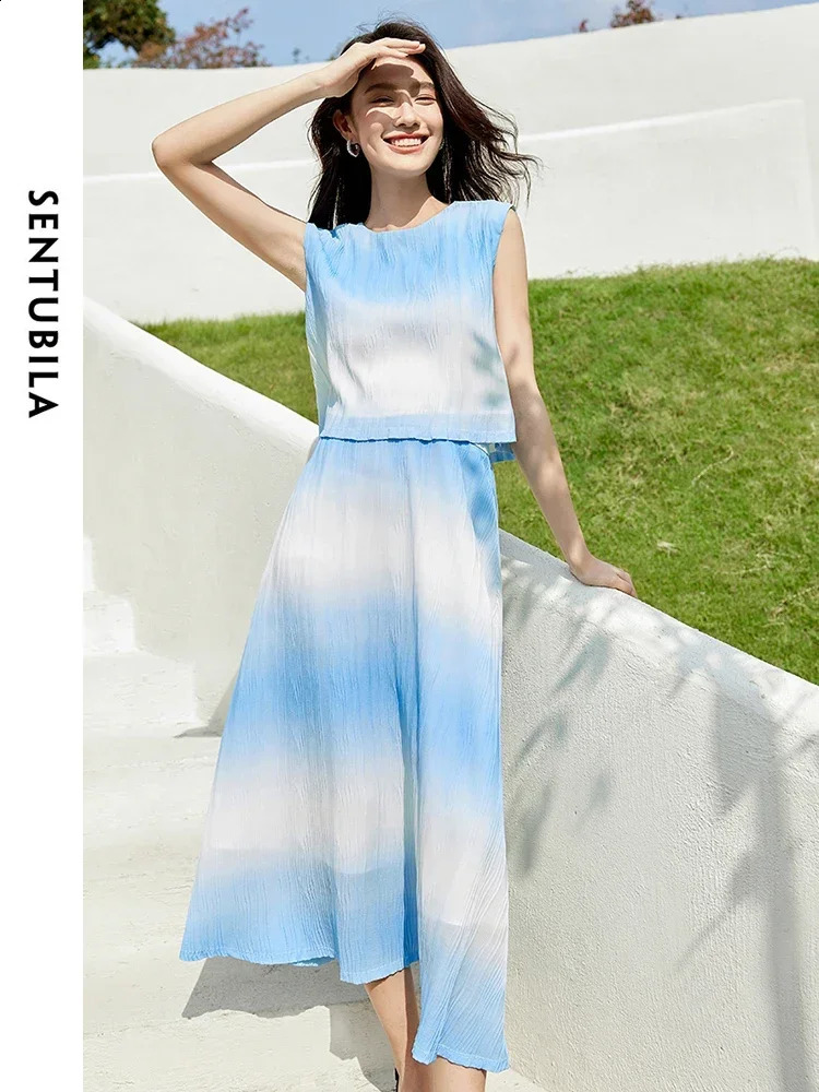 SENTUBILA Women Summer Skirt Set 2025 Blue White Gradient Cropped Tank Top Flowy Midi Skirt Womens Vacation Outfits 142Z54315 250318