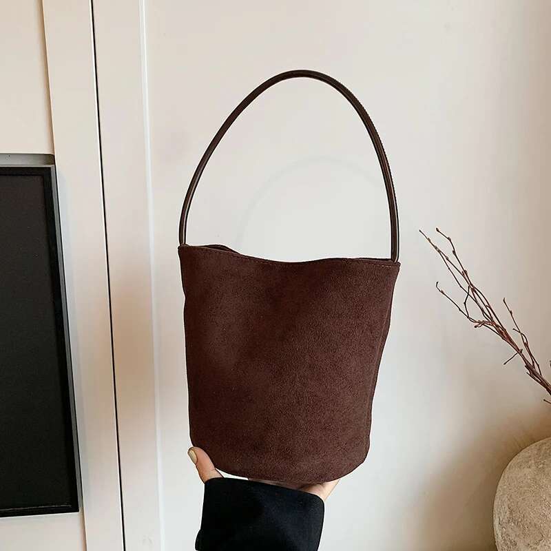 Women Faux Suede Bucket Slouchy Hobo Bags Large Capacity Designer Shoulder Purse Solid Color Hasp Closure Outdoor Travel Bag