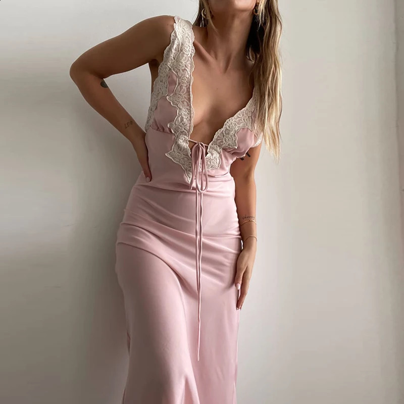Y2K Chic Women Lace Trim Long Dress 90s Vintage Sexy V Neck Tie Up Backless Bodycon Elegant Lady Club Party Night Cocktail Dress 250319