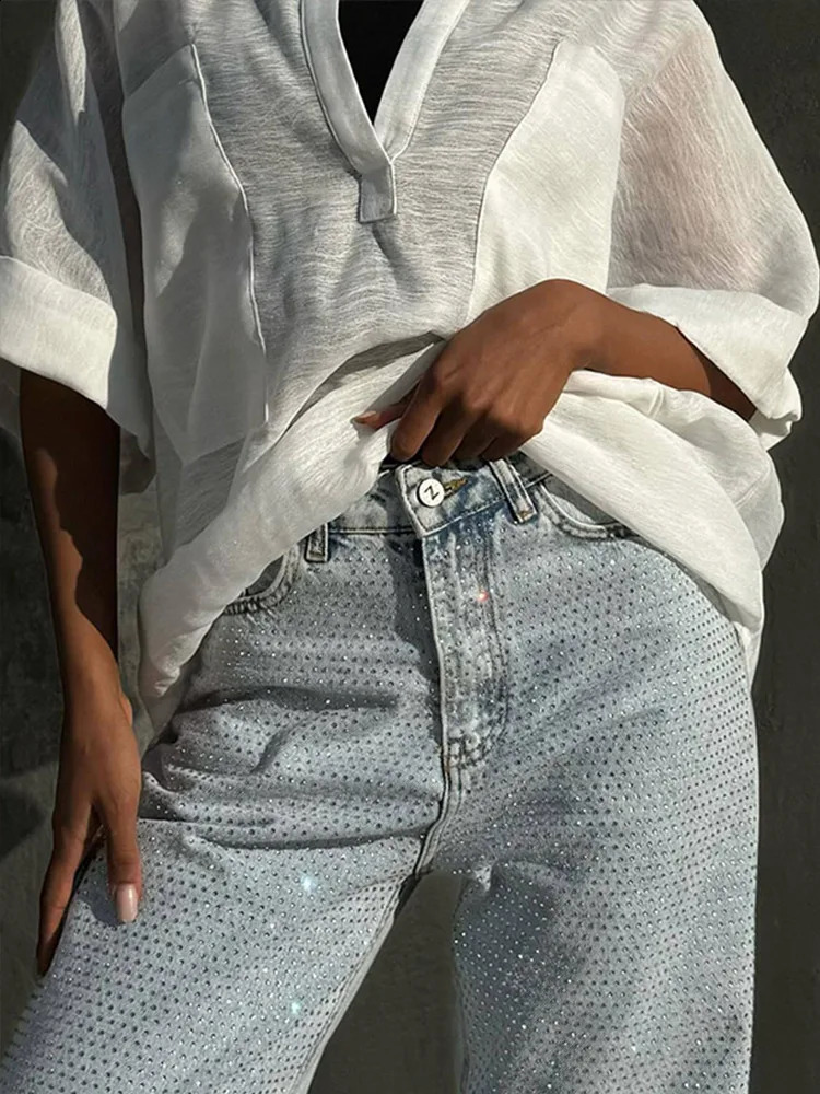 Shiny rhinestone denim womens pants full diamond jeans high rise pockets dragging extremely tight wide leg summer 250317