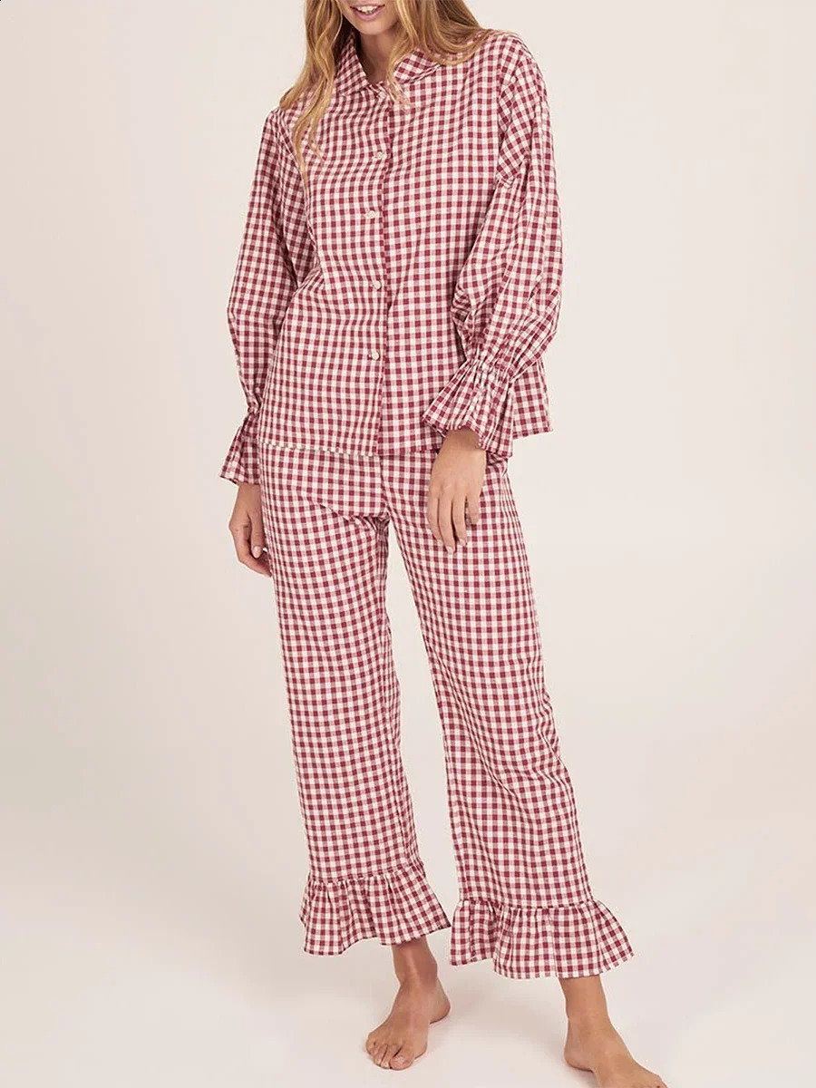 Womens Two Piece Outfits Set Long Sleeve Tie Front Top and Ruffled Wide Leg Pants Y2k Peplum Pajama Sets 250319