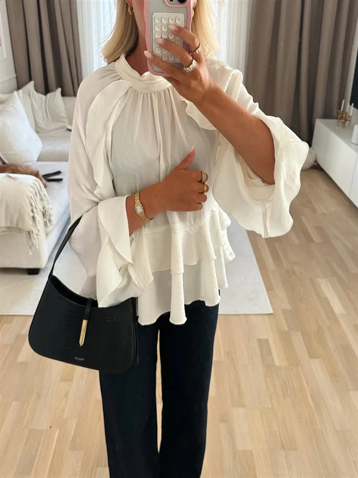Casual Cascaded Ruffle Puff Sleeve Womens Loose Oneck White Top 2025 Spring Fashion Elegant Shirt 250319